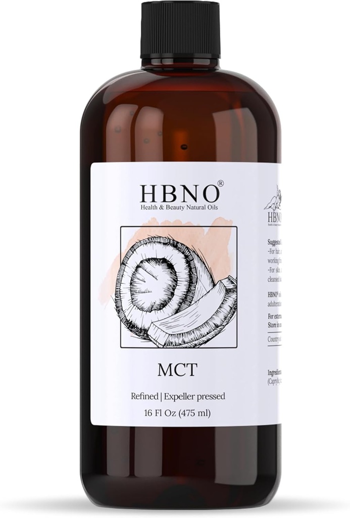 HBNO California Coconut Mct Oil 16 fl oz (475ml) Taille de la valeur - Huile naturelle de Mct, pressée à froid - Porteur parfait pour le massage, l'aromathérapie - Idéal pour le visage, le corps, les lèvres et les cheveux