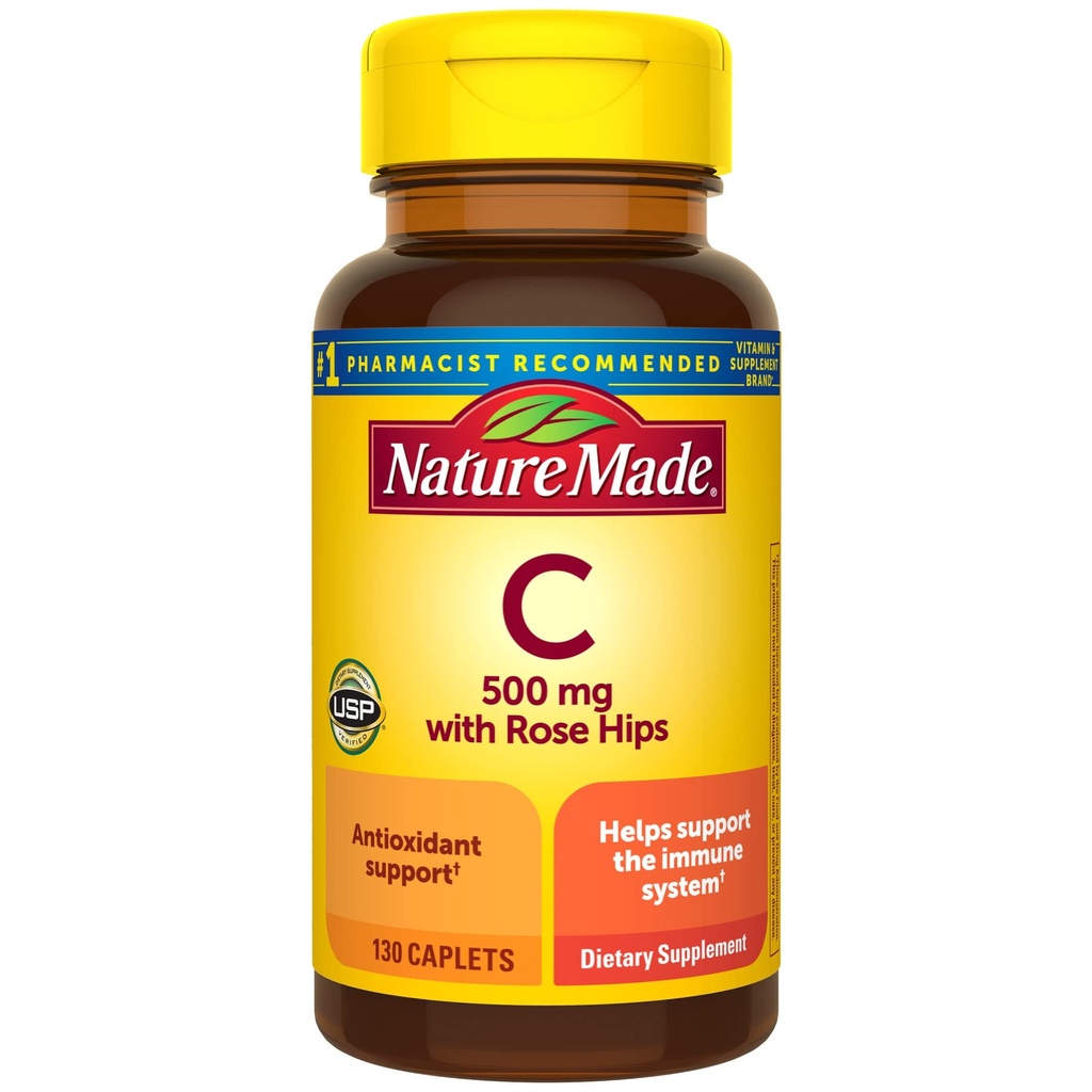 Nature faite vitamine C 500 mg avec des hanches roses, complément alimentaire pour le soutien immunitaire, 130 capsules, 130 jours d'approvisionnement