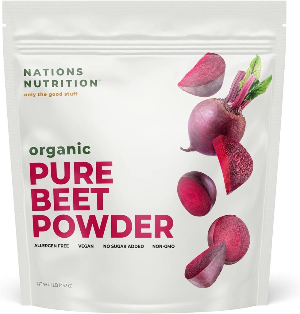 Pure Beet Root Powder Organic - Superfood de circulation d'oxyde nitrique, soutient le flux sanguin et la santé cardiaque - Augmenter l'endurance et l'énergie naturelle, 30+ portions (1 sac LB)