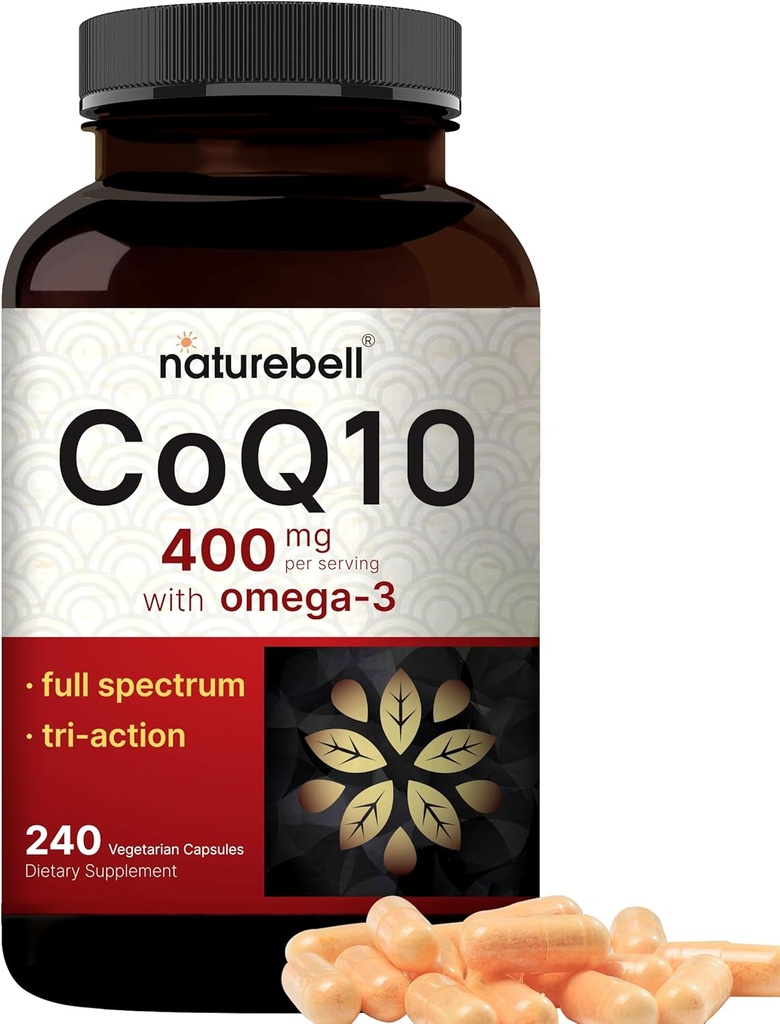 CoQ10 400mg avec les acides gras Omega 3, 240 capsules – Support antioxydant pour la santé du coeur et de l'énergie* – Supplément Coenzyme de force supplémentaire Q10