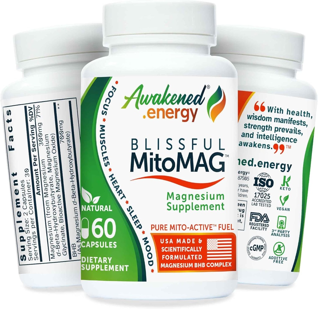 MitoMag – 300mg Complexe de magnésium élémentaire: Mg Glycinate, Mg BHB - Muscles du sommeil Mood Énergie Cognitive Focus Calme – Tous naturels, fabriqués aux États-Unis, Pas d'additifs – Supplément de 60 capsules véganes