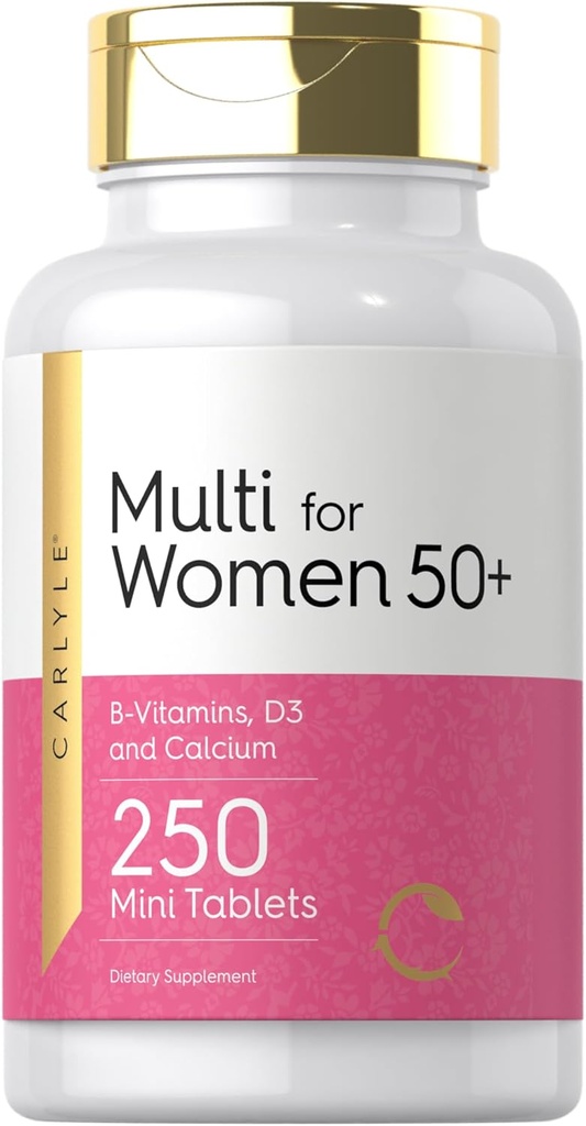 Carlyle Multivitamine pour les femmes 50 Plus de 250 Mini Comprimés Supplément sans fer , Vitamines A, B12, C, D3, Folate (sous forme d'acide folique) et Calcium , Non-OGM, Sans gluten