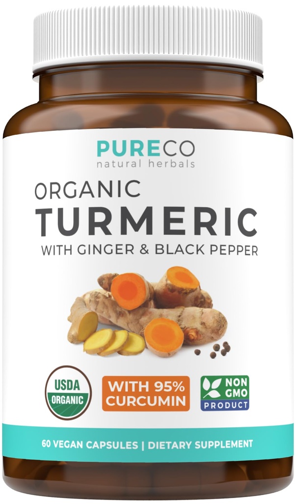 Supplément de poivre noir gingembre bio - Capsules de curcumine curcuma bio de haute puissance avec gingembre et poivre noir pour des avantages améliorés et l'absorption - Vegan & non-OGM (1 mois d'approvisionnement)