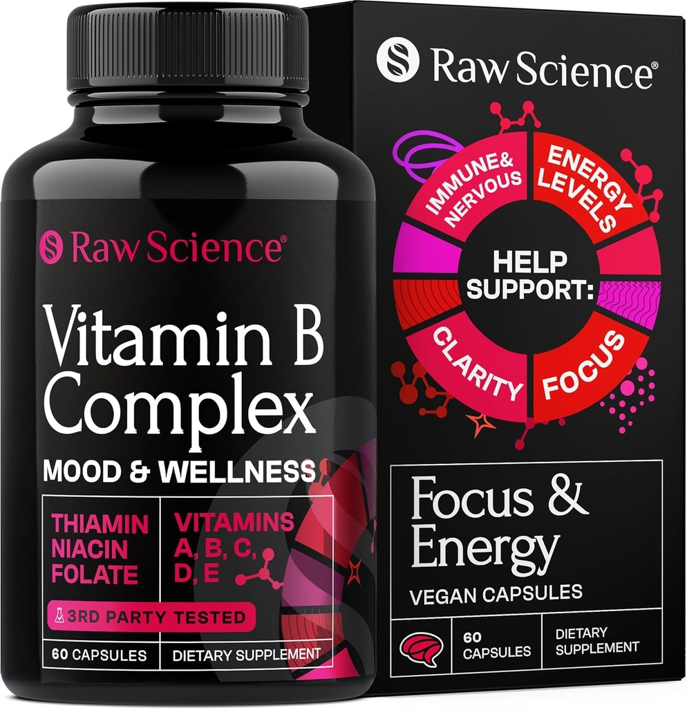 Gélules complexes de vitamine B - B Vitamines : B1 B2 B3 B5 B6 B7 B9 B12, Biotine, Acide folique, Vitamine C pour supplément de soutien énergétique et immunitaire, Super B-Complexe pour les femmes et le système nerveux des hommes, 60 Capsules
