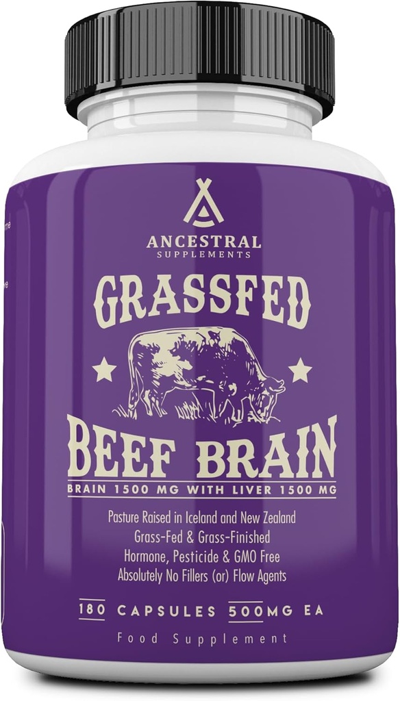 Suppléments ancestraux Supplément de cerveau de boeuf de la Fed de l'herbe avec foie de boeuf, soutien de cerveau alimentaire entier favorise la santé du cerveau, de l'humeur et de la mémoire, capsules de formule de santé du cerveau et du foie, non-OGM, 180 capsules