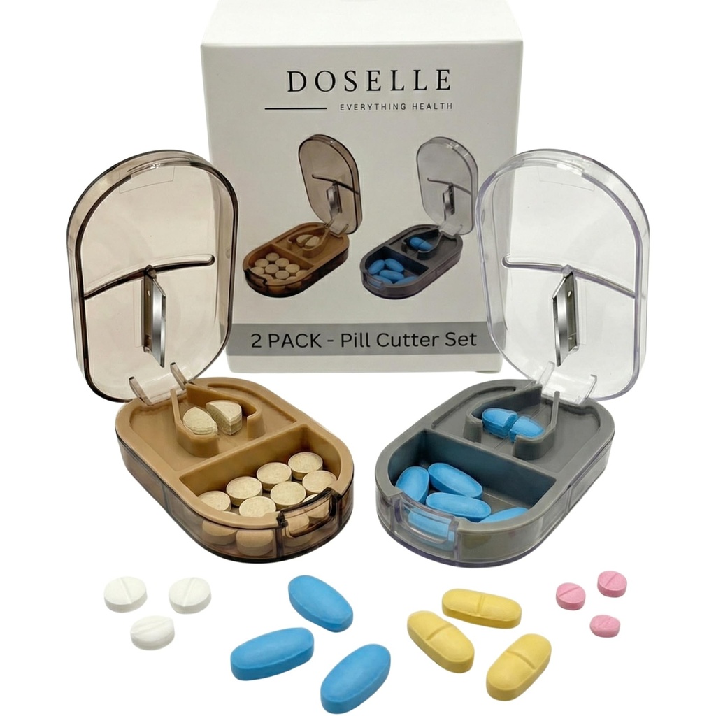 2PCS - Découpeur de pilules avec mini-boîte à pilules – Découpeurs de pilules pour les petites ou grandes pilules professionnelles – Découpeur de pilules 4 voies 1/4 - Découpeur de pilules avec dispositif de centrage – Gris et Brown