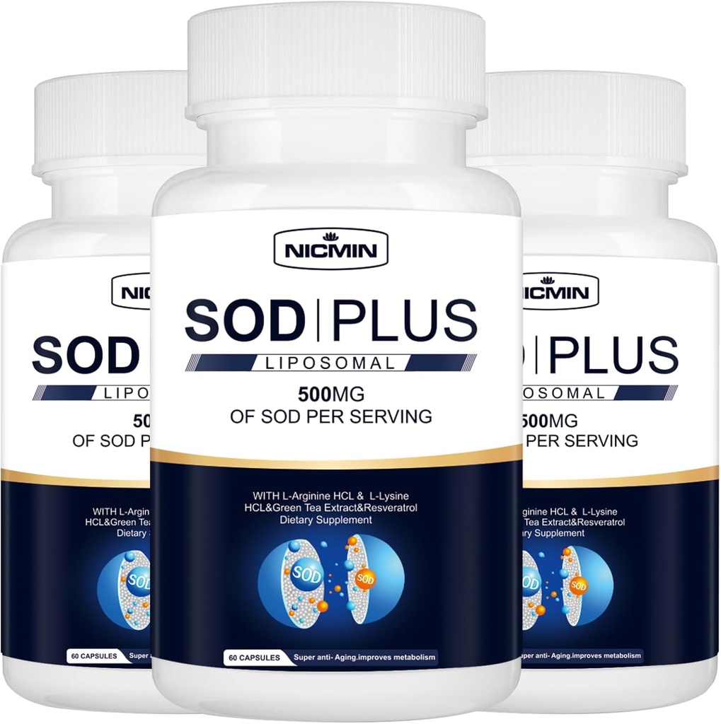 Superoxyde Dismutase Supplément 500mg - SOD Plus avec Glutathion Liposomique, AKG, Extrait de Thé Vert, L-Arginine, Lysine, Resvératrol et Vitamine E pour le support immunitaire, Antioxydant 180 Capsules