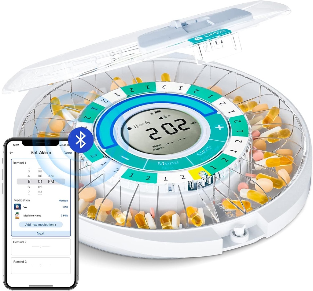 Zoksi Upgrade Bluetooth Distributeur automatique de pilules pour les personnes âgées avec alarme, Smart Medicament Pill Box 28 Day for Home Use, Eletronic Medicine Organizer Monthly, Timed Rappel