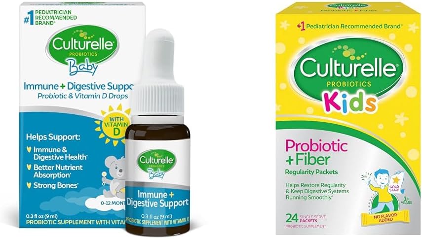 Culturelle Bébé Immune & Soutien digestif Probiotique + gouttes de vitamine D, 30 jours d'approvisionnement pour enfants Probiotique + Packets de fibres, 24 Compte