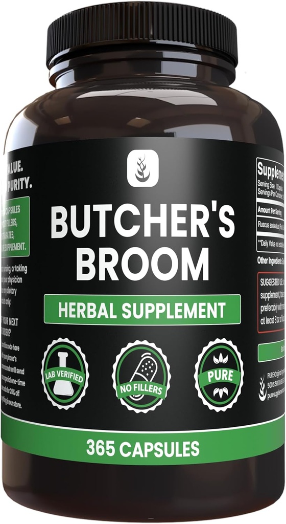 Ingrédients originaux purs Boucher's Broom (365 Capsules), Pas de Magnésium ou de Rice Fillers, Toujours Pure, Verified Lab