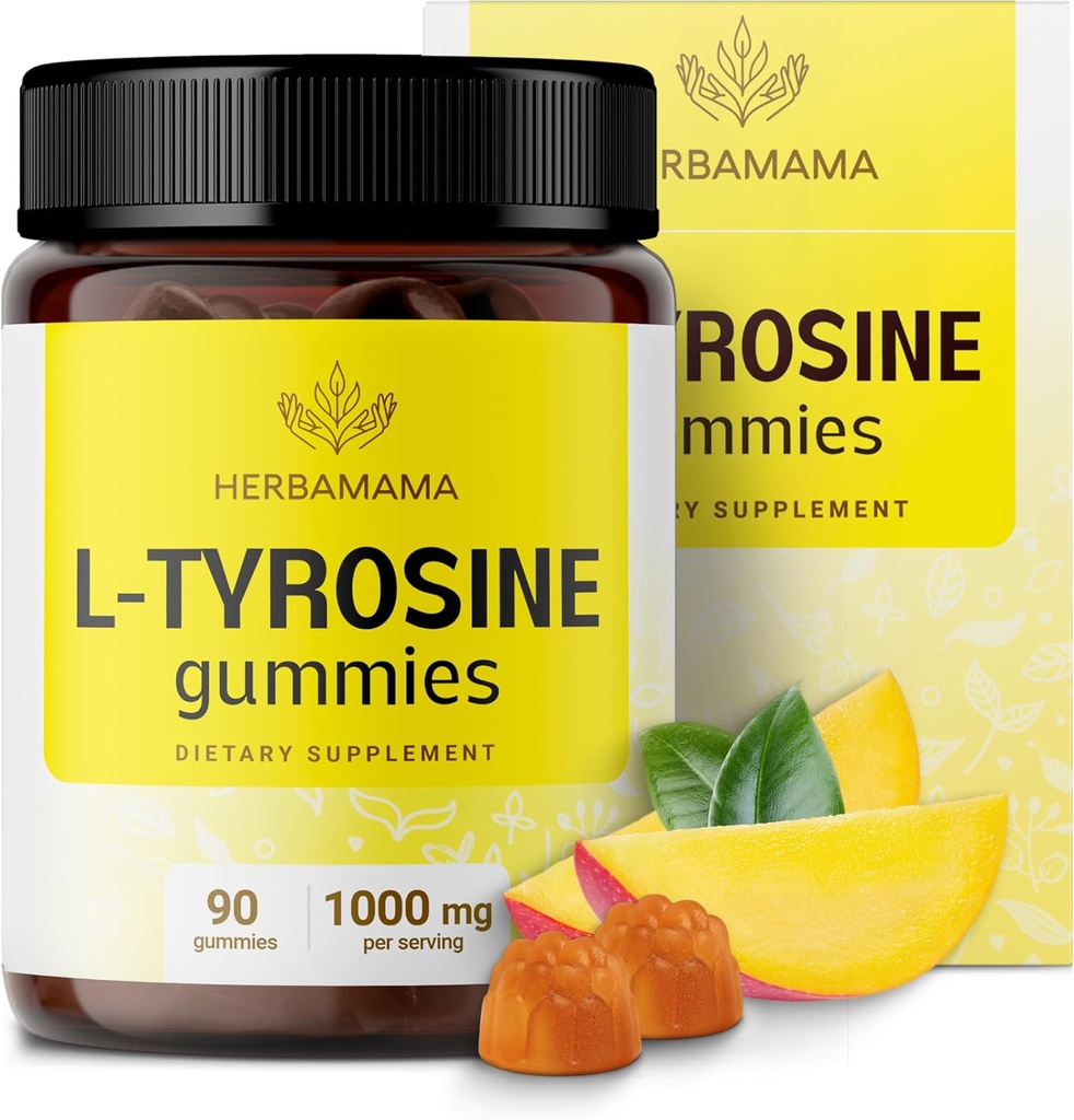 Gommies HERBAMAMA L-Tyrosine - 1000mg L-Tyrosine pour le soutien de la clarté cérébrale - Supplément végétalien, énergie non-OGM et focus - 90 Amandes aromatisées à base de mangues