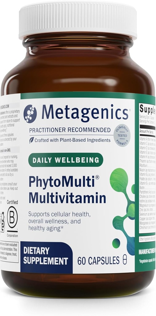 Métagène PhytoMultivitamine - 20+ Vitamines et minéraux essentiels avec Phytonutriments - soutient le vieillissement en santé, la santé cellulaire, l'énergie et la fonction immunitaire - Non-OGM et sans gluten - 60 capsules