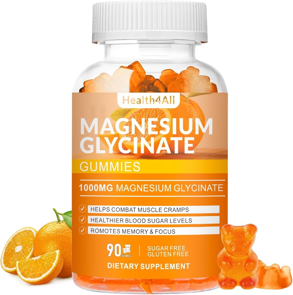 Magnésium Glycinat Gommies 1000mg, supplément de potassium sans sucre pour la relaxation, le stress et le soutien du sommeil pour adultes et enfants - 90 Gommies orange