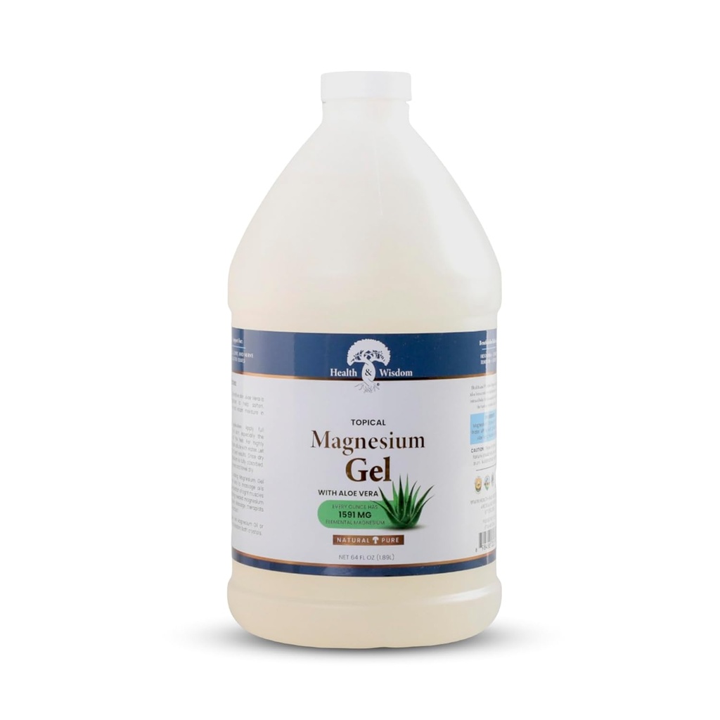 Santé et Sagesse Gel de magnésium pur avec extrait d'algues et Aloe Vera - Relief musculaire et articulaire topique - peau naturelle et pure et hydratant de scalp - Absorption accrue - 64 Fl oz