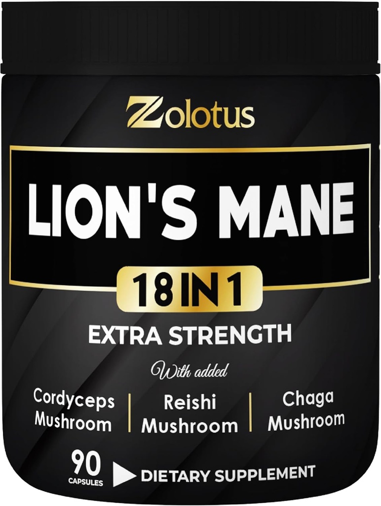 Zolotus Lions Mane Mushroom Complex Capsules avec Cordeyceps, Elderberry, Ginkgo Biloba, Bacopa - 90 Capsules
