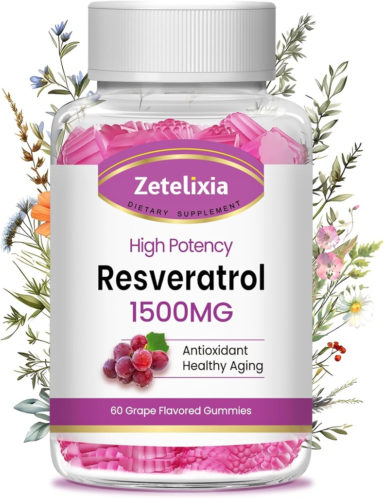 Gummies de resvératrol sans sucre - Supplément de resvératrol haute pureté pour antioxydant, vieillissement en santé, peau, cerveau, biologique - 60 Gummies