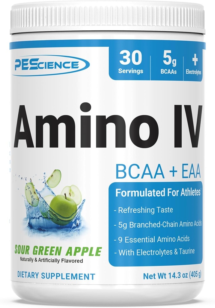 PEScience Amino IV BCAA & EAA Poudre, acides aminés essentiels, Taurine, électrolytes pour l'hydratation et la récupération musculaire, sans sucre pour les hommes et les femmes, post entraînement - pomme verte aigre - 30 portions