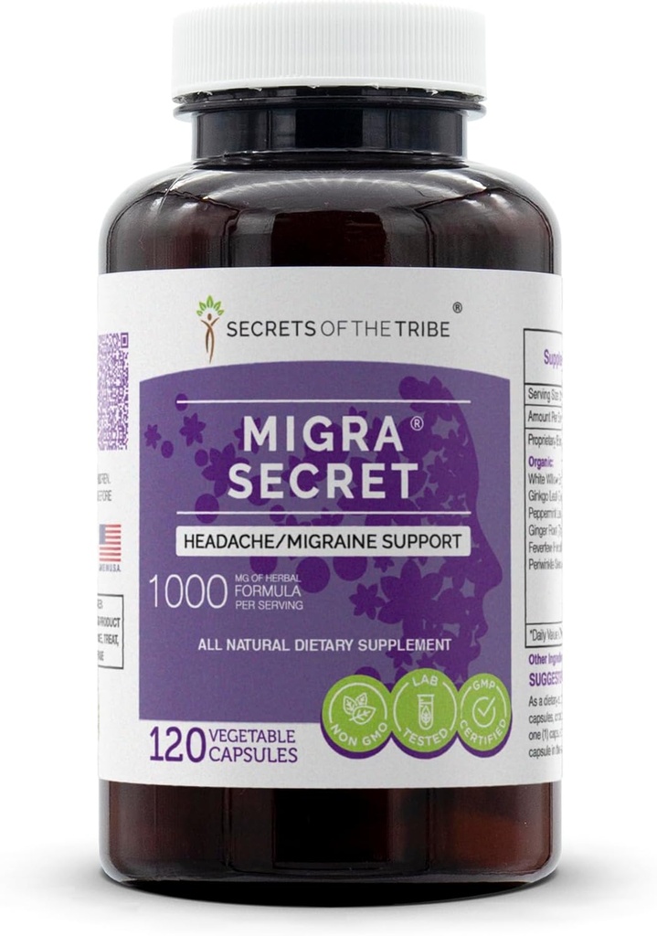 Secrets of the Tribe - Migra Secret, Headache/Migraine Support, Herbal Supplement Blend (120 Capsules)