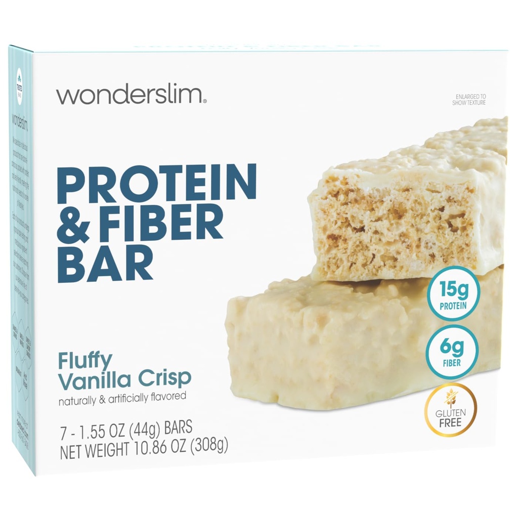 Wonderslim Haute Fibre Protein Bars, Fluffy Vanilla Crisp, 15g Protéine, 6g Fibre, Sucre faible, faible glucide