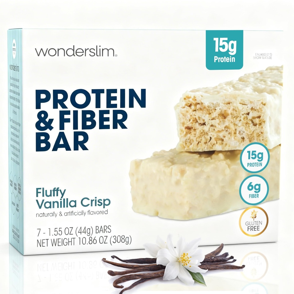 Wonderslim Haute Fibre Protein Bars, Fluffy Vanilla Crisp, 15g Protéine, 6g Fibre, Sucre faible, faible glucide