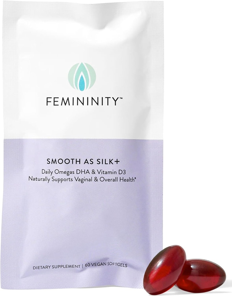 Femininity Smooth as Silk+ Recharge de 30 jours pour la sécheresse vaginale (60 Softgels) – Mélange d'huile d'épine de mer, vitamine D3 et Oméga-3 DHA