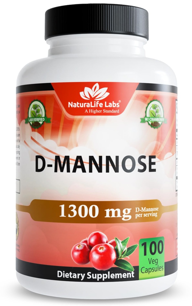 NaturaLife Labs Organic D-Mannose 1300 mg avec extrait de canneberge biologique 100 mg par portion – 100 capsules – non-OGM, sans gluten, végétalien