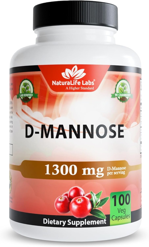 NaturaLife Labs Organic D-Mannose 1300 mg avec extrait de canneberge biologique 100 mg par portion – 100 capsules – non-OGM, sans gluten, végétalien