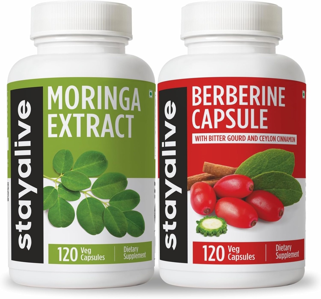 STAY ALIVE Moringa and Berberine Bundle with Ceylon Cinnamon and Bitter Gourd Extract, 240 Vegan Pills, Non-GMO & Gluten Free Berberine HCL Supplement