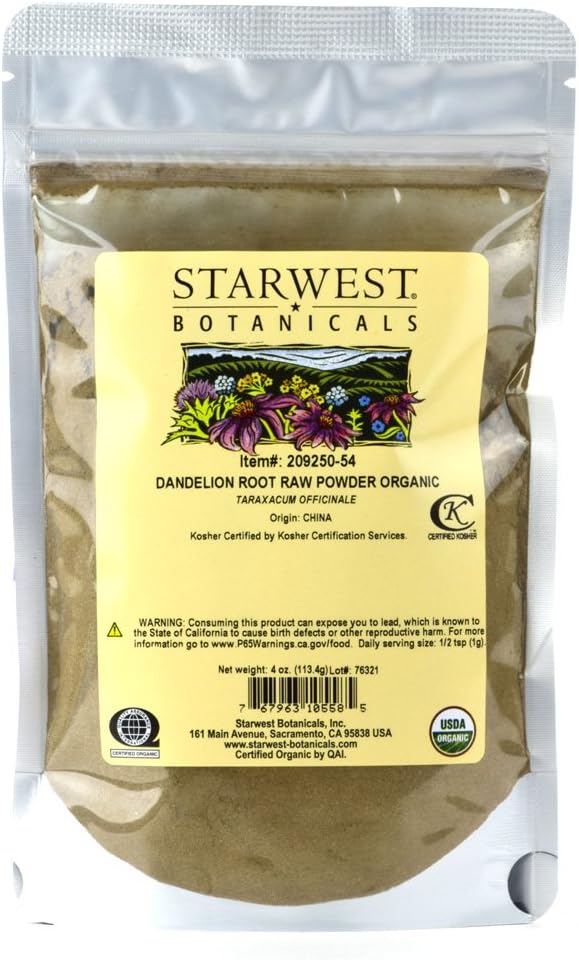 Starwest Botanicals Poudre de racine de dandelion biologique, 4 onces