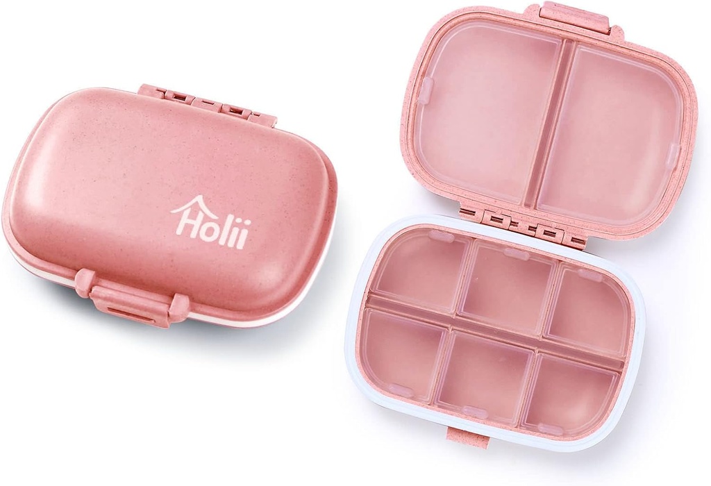 Holii 2PS 8 Compartiments Organisateur de pilules de voyage, pharmacie de poche pour la purse quotidienne Pill Box Portable Medicine Organizer Conteneur de support de vitamine (rose pâle)