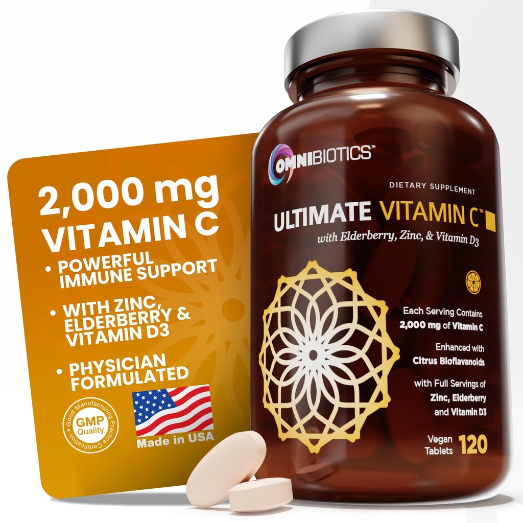 OmniBiotics Ultimate Vitamine C Supplément 2000mg – avec Zinc, Extrait de mûre aînée, et D3 – Support immunitaire haute puissance et rappel collagène – 120 comprimés végétaliens