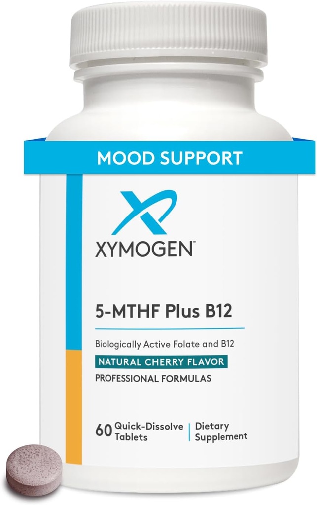 XYMOGEN 5-MTHF Plus B12 - Folate biologiquement actif + méthylB12 (méthylcobalamine) pour soutenir la méthylation et la santé du système nerveux - Saveur de cerise à grande dégustation (60 comprimés à diffusion rapide)