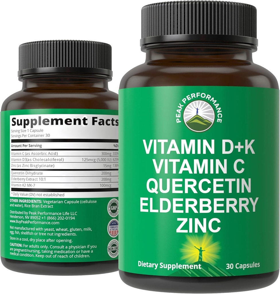 Immune Support Supplement with 6 Top Ingredients. Vitamin D3 K2 + Vitamin C + Elderberry + Zinc + Quercetin. Includes 5000 IU Vitamin D. Zinc 15mg. Immunity Capsules. Supplements for Women and Men