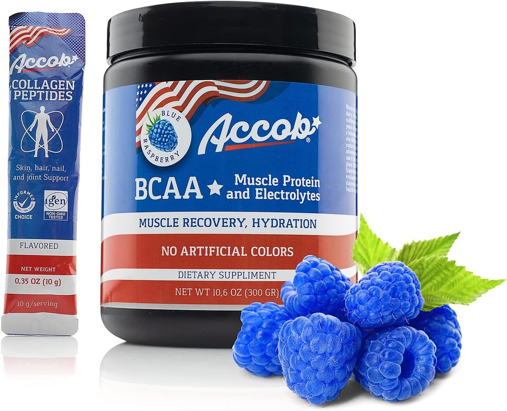 BCAA Powder Blue Raspberry-Pre or Post Workout,Muscle Recovery Drink with Amino Acids + Electrolytes,7,2g BCCAs pour hommes et femmes-30 portions +10g de peptides de collagène