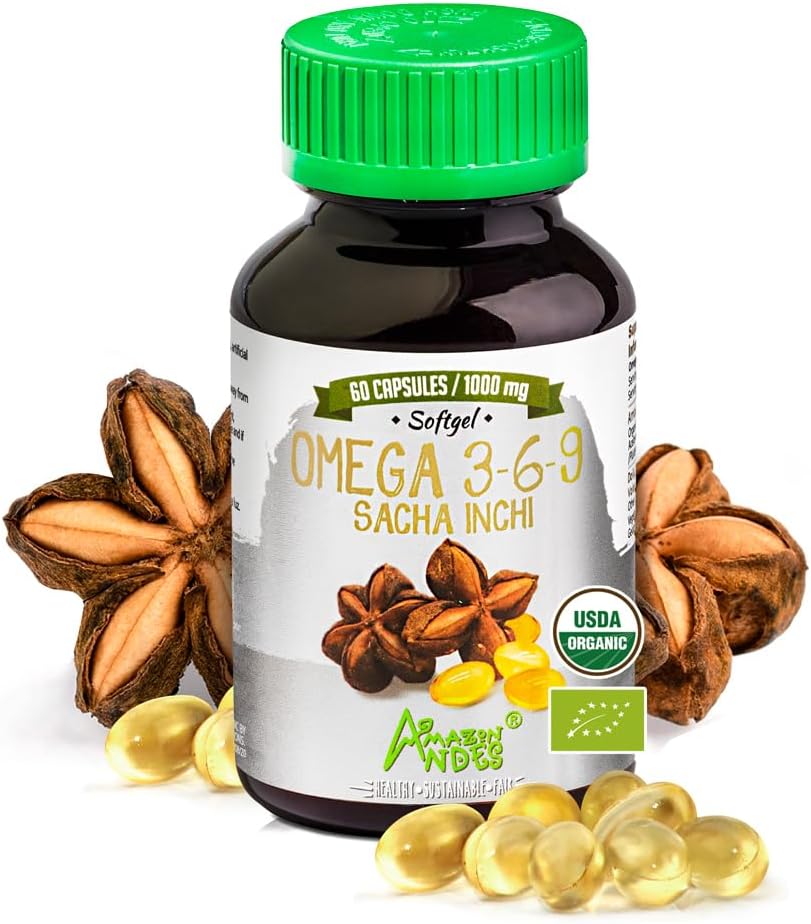 Amazon Andes Sacha Inchi Capsules (Plukenetia volubilis) - Source d'Oméga 3, 6, 9 avec des acides gras essentiels - Sans odeur et source durable - Support de la fonction cérébrale - 60 pilules Softgel (1000mg)