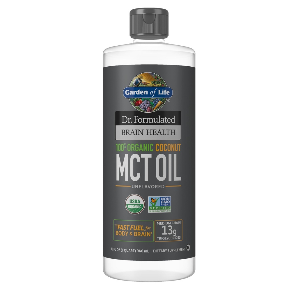 Jardin de la vie Dr Formulé Santé Cerveau 100% Bio Huile de noix de coco MCT 32 fl oz Non aromatisé, 13g MCT, corps et cerveau carburant, certifié non-OGM végétalien et sans gluten, sans hexane