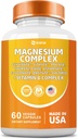 Supplément complexe de magnésium, Clycinate 141mg Oxyde 228mg Malate 58,5mg Citrate 62.4mg avec Orotate Glycina Taurate Chlorure Aspartate Gluconate Vitamine B, Suppléments minéraux 60 Capsules