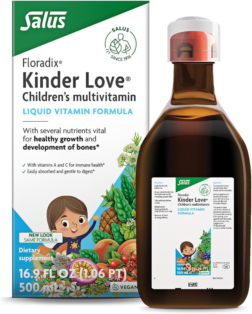 Floradix Kinder Love Multivitamine pour enfants - Supplément à base de plantes - Multivitamine liquide pour enfants - Vitamines A, C, D & E, Calcium et plus - Végétarien, Non-OGM, Sans gluten - 16,9 fl oz