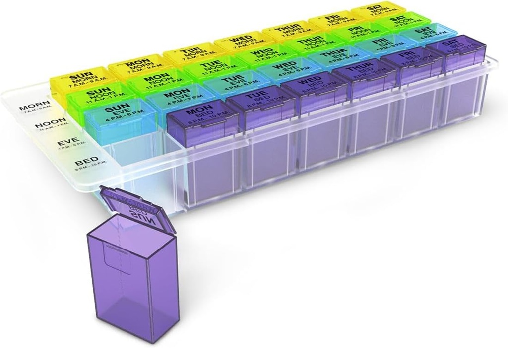 EZY DOSE Hebdomadaire (7 jours)Taille, planificateur de médicaments, boîte d'organisateur de vitamines, compartiments amovibles, facile à utiliser, couleurs arc-en-ciel, 4 fois par jour, sans BPA