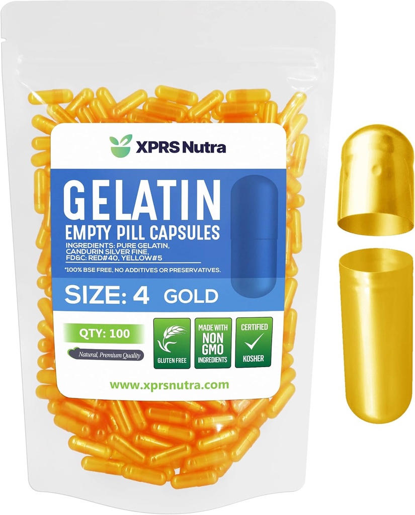 XPRS Nutra Taille 4 Capsules vides - 100 Compter les petites capsules de gélatine vide - Pills Bricolage Capsule Remplissage - Remplir les capsules de gel de pilules pures pour Do-It-Youlf Suppléments (Or)