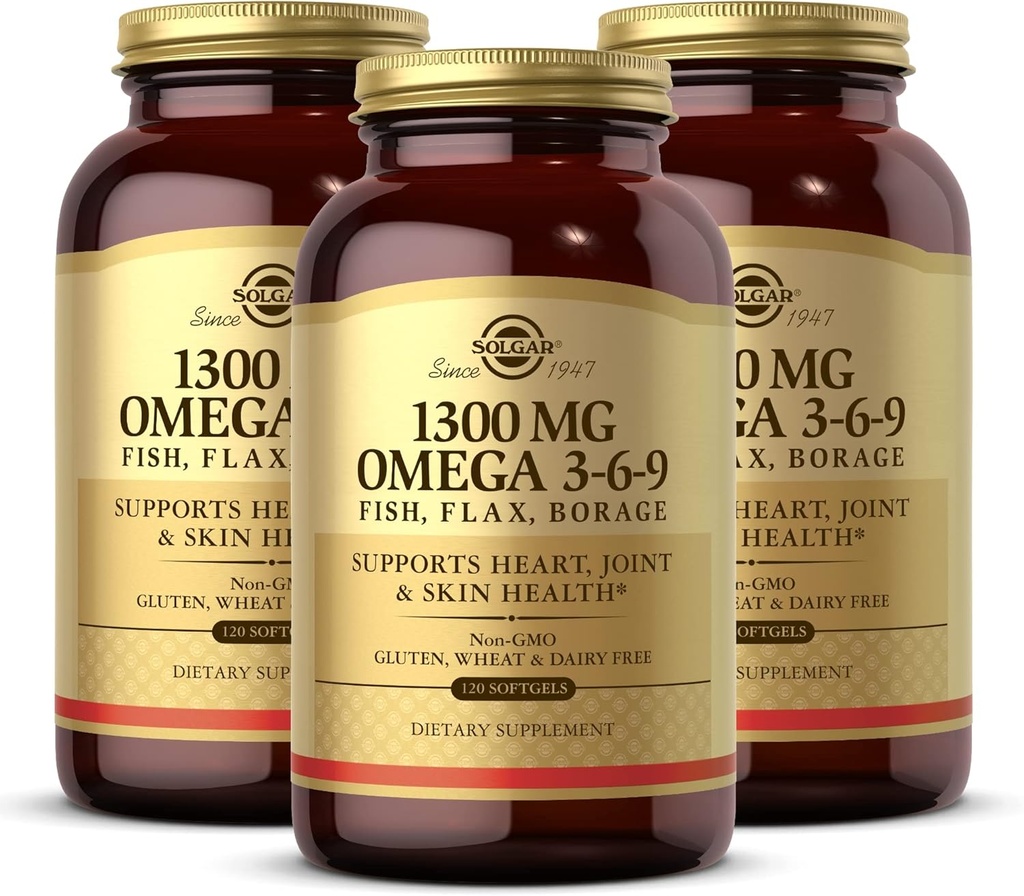 Solgar 1300 mg Omega 3-6-9, 120 Softgels (paquet de 3) - Supplément à l'huile de poisson - Soutien à la santé articulaire et cutanée - Inclut les graines de lin et le borage - Contient EPA et DHA Omega 3 Acides gras - 120 portions totales