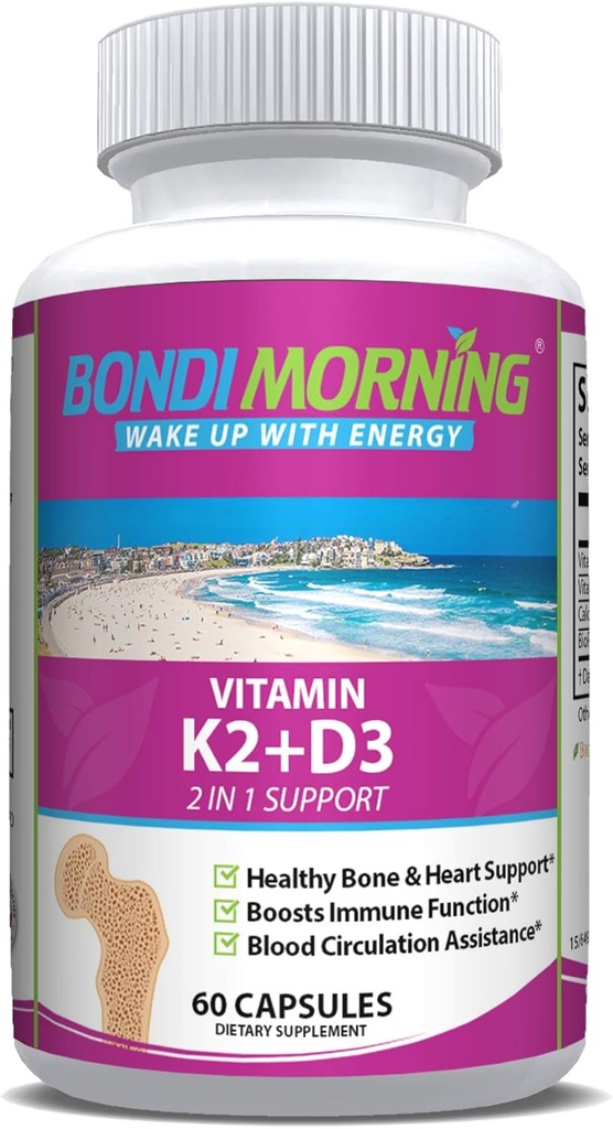 Vitamine K2 + D3 Supplément pour la santé des os et du coeur - High Potency 5000IU Vitamine D3 & 100mg Vitamine K2 (MK7) Capsules pour l'absorption optimale de calcium - 60 Capsules Vegan