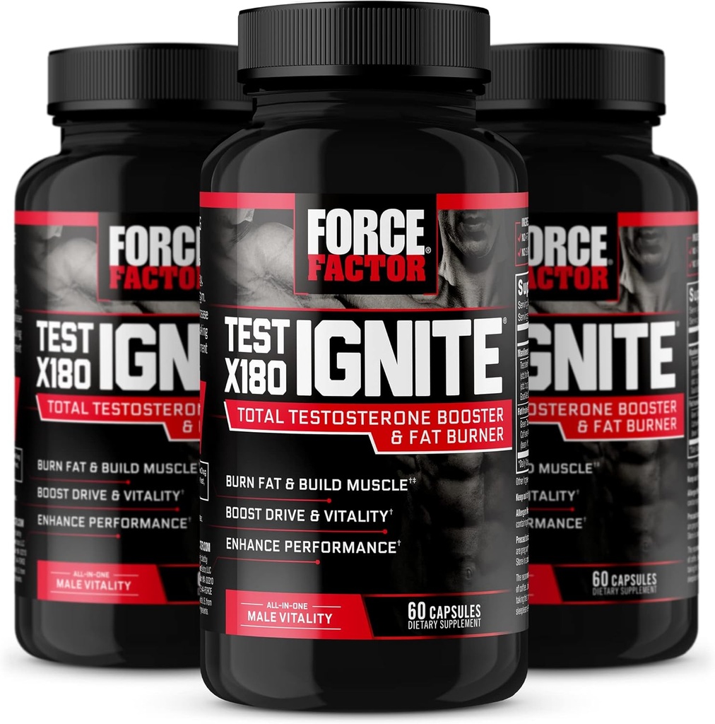 FORCE FACTOR Test X180 Ignite, booster testostérone et brûleur de graisse pour les hommes, supplément testostérone pour aider à construire le muscle, augmenter l'énergie, et stimuler la vitalité et la performance, 60 comte (paquet de 3)