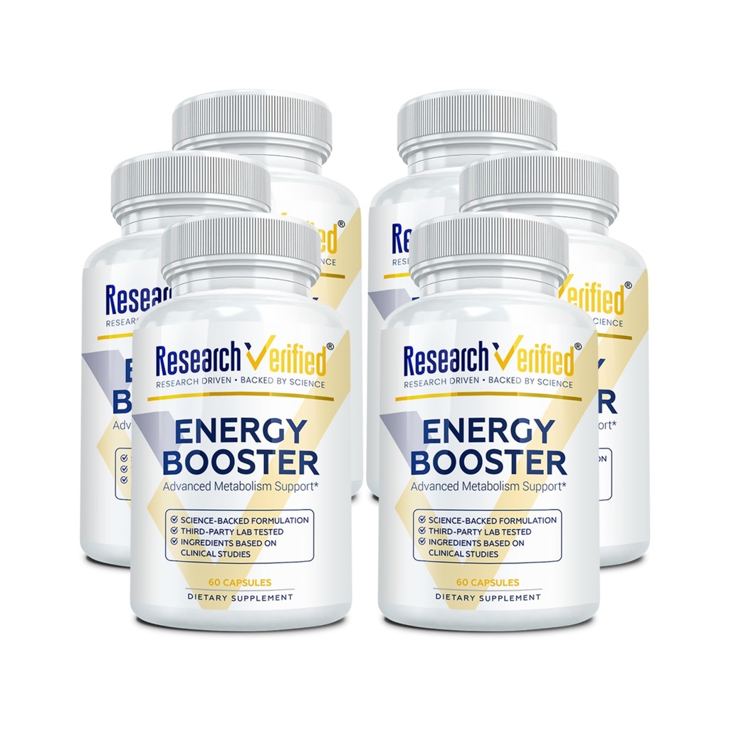 Research Verified Energy Booster - Soutien à l'énergie naturelle - 360 capsules - Sans caféine - B Vitamines et adaptogènes - 6 mois d'approvisionnement