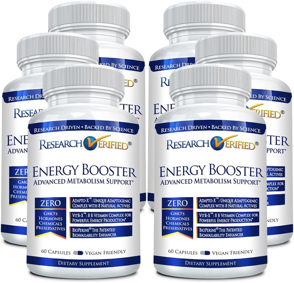 Research Verified Energy Booster - Soutien à l'énergie naturelle - 360 capsules - Sans caféine - B Vitamines et adaptogènes - 6 mois d'approvisionnement