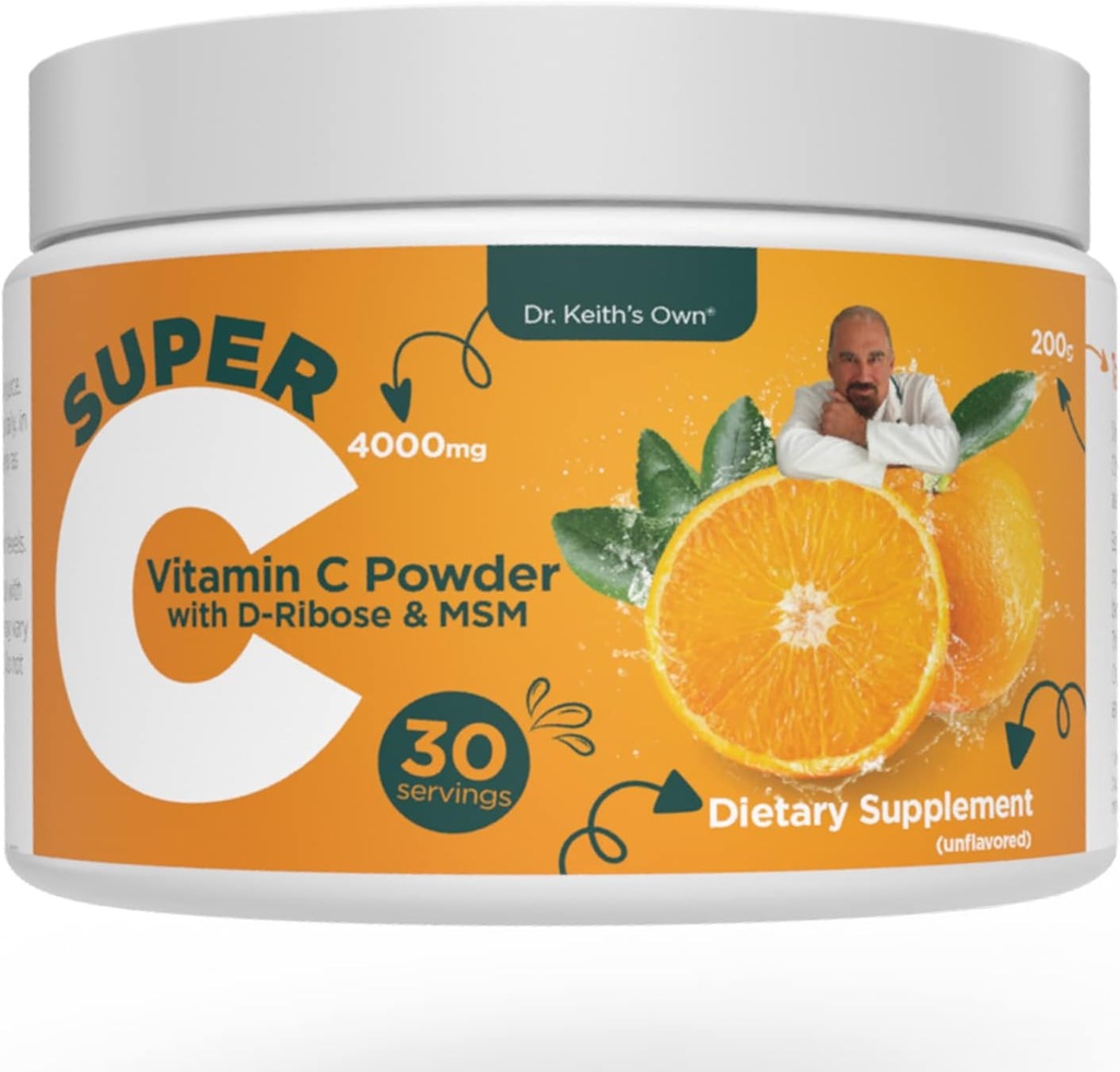Dr Keith's Own Super C-High Dose Powdered Vitamine C 4000mg avec D-Ribose, Glycine, MSM-Highly Absorbable, Stomach-Afriendly, Collagen Boost, Imune Support-Non aromatisé, 200 Grams (30 portions)