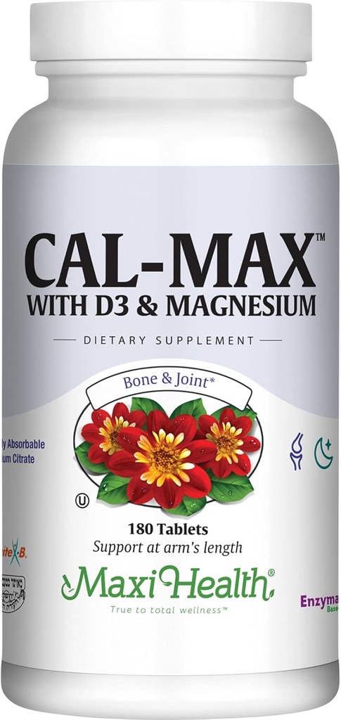 Maxi Health Calcium 1000 mg avec vitamine D3 (400 UI) et magnésium (750 mg) - Cal Max Dietary Supplément pour os, dents et soutien articulaire - pour hommes et femmes - 180 comprimés