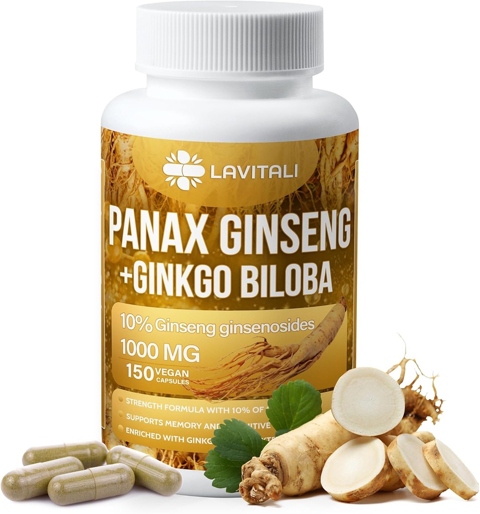 Ginseng & Ginkgo Biloba 150 Capsules de légumes, Poudre d'extrait de racine de ginseng énergétique, avec extrait de ginkgo Biloba, 100% naturel et non-OGM, végétalien, sans gluten, sans lait
