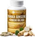 Ginseng & Ginkgo Biloba 150 Capsules de légumes, Poudre d'extrait de racine de ginseng énergétique, avec extrait de ginkgo Biloba, 100% naturel et non-OGM, végétalien, sans gluten, sans lait