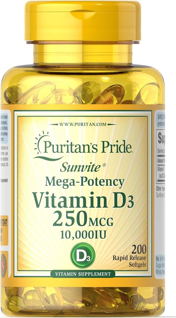 Pride de Puritan Vitamine D3 250 mcg (10 000 UI) Softgels, 200 Compte